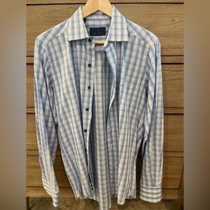 DAVID DONAHUE Cotton Dress Shirt Regular Fit Blue Plaid 15.5